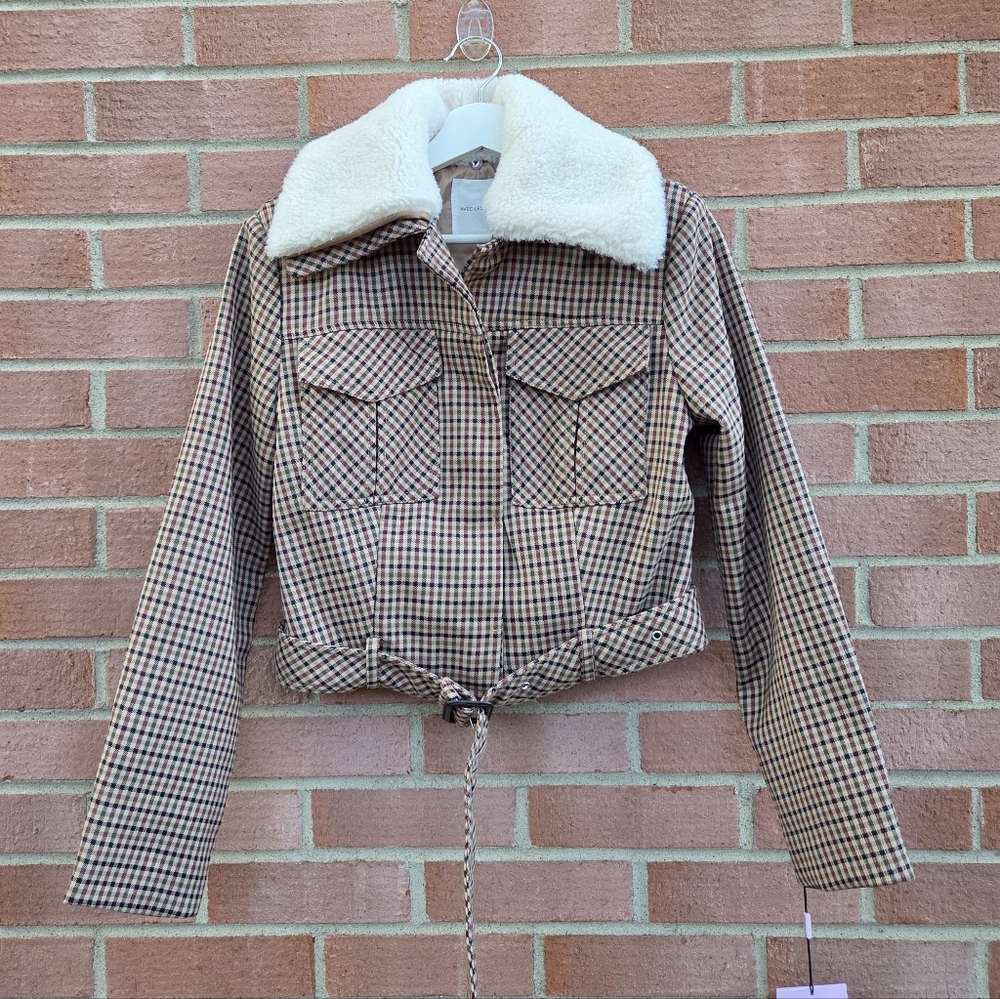 Avec Les Filles cropped Padded Shoulder Belted Plaid jacket Small - Picture 4 of 9